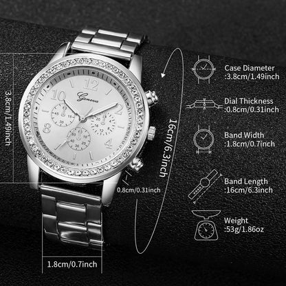 6PCS/Set Women's Watch Fashion Rhinestone Steel Band Analog Quartz Watches Diamond Jewelry Set(Without Box)