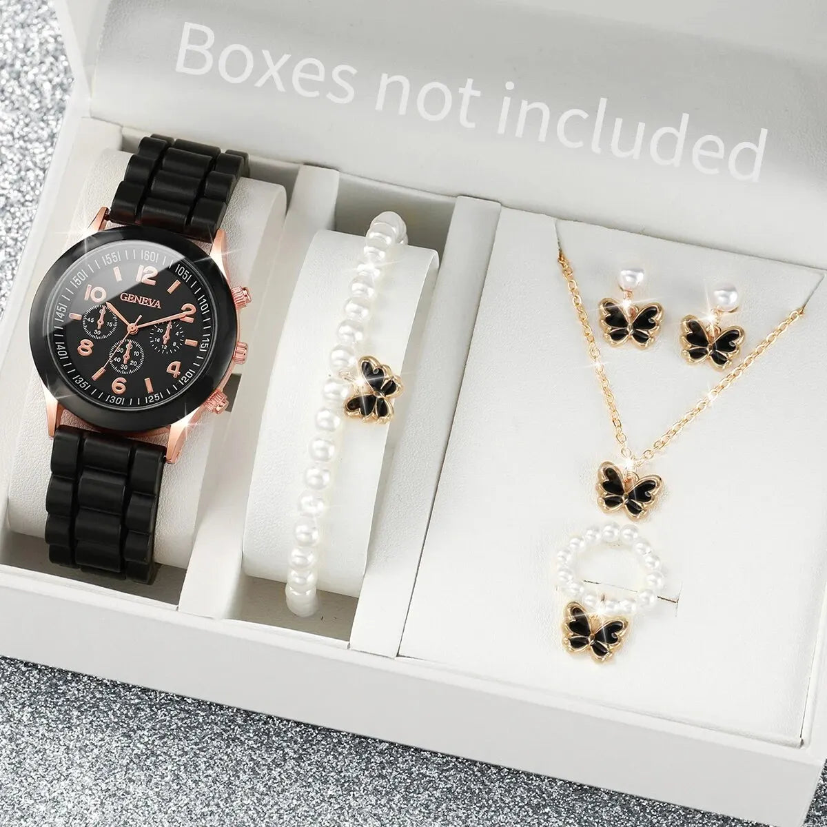 Lot de 5 montres à quartz décontractées pour femme avec pointeur rond et ensemble de bijoux papillon, cadeau pour maman et elle