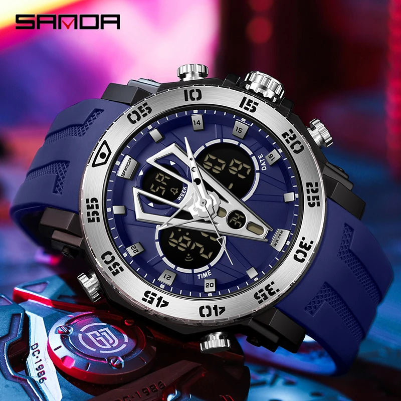 SANDA Sport Watch For Men Military Quartz Watch Man Waterproof Dual Display Digital Wristwatch for Men Clock Relogios Masculino